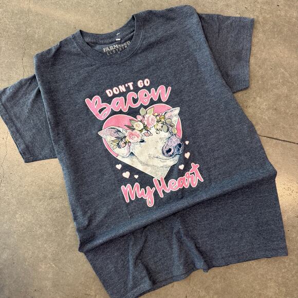 Modern Tops - Vintage Y2K Don't Go Bacon Pig Farmer My Heart Grey Sparkle Pink Graphic Tee L